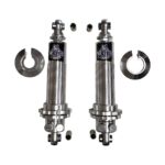 Pair of Viking Crusader coilover shocks with threaded bodies, spring seats, spherical bearings, and adjustment hardware, displayed with included spacers and spring retaining collars on a white background